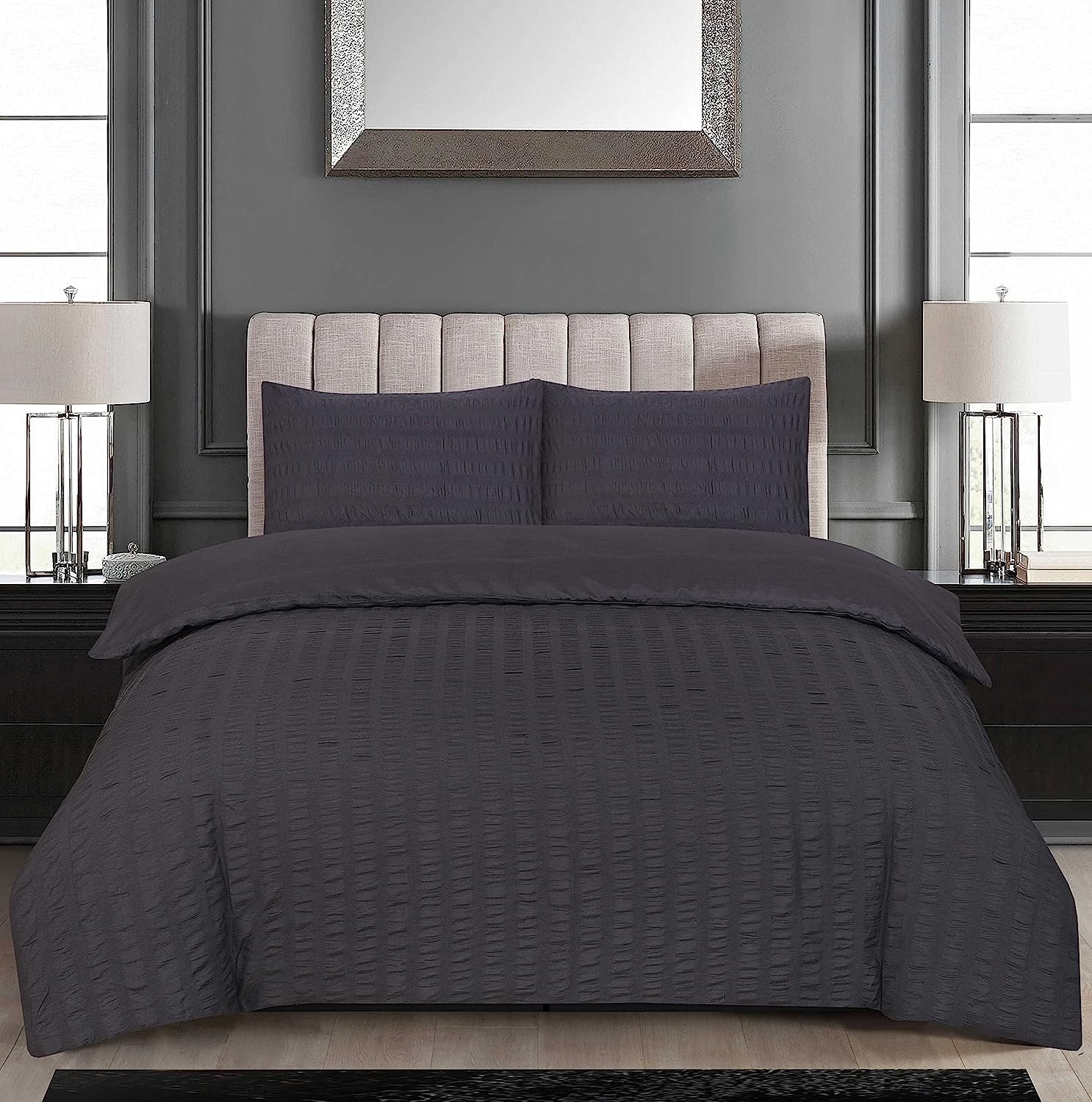 Seersucker Duvet Cover Set with Pillow Cases-Charcoal Grey