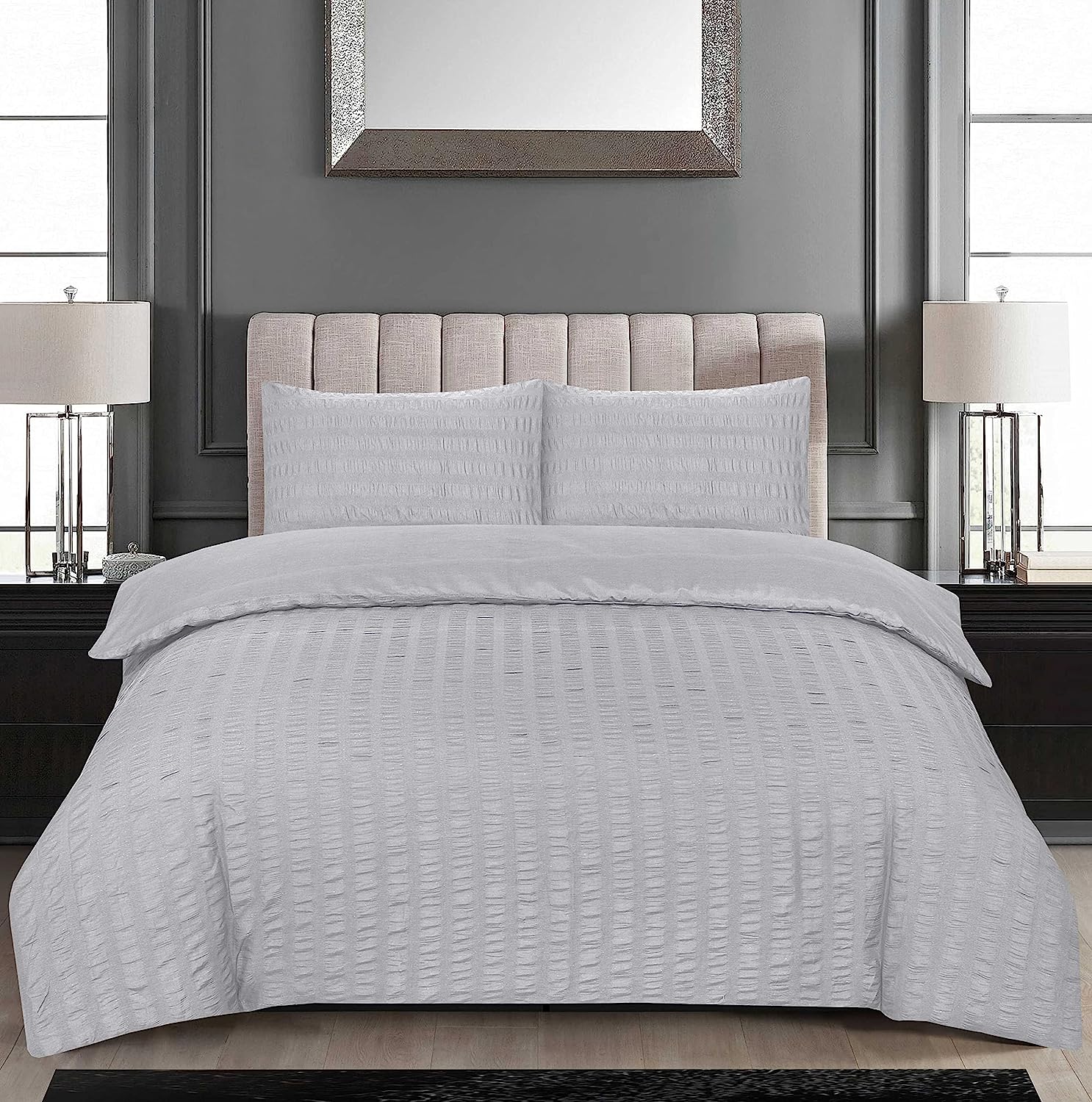 Seersucker Duvet Cover Set with Pillow Cases-Grey
