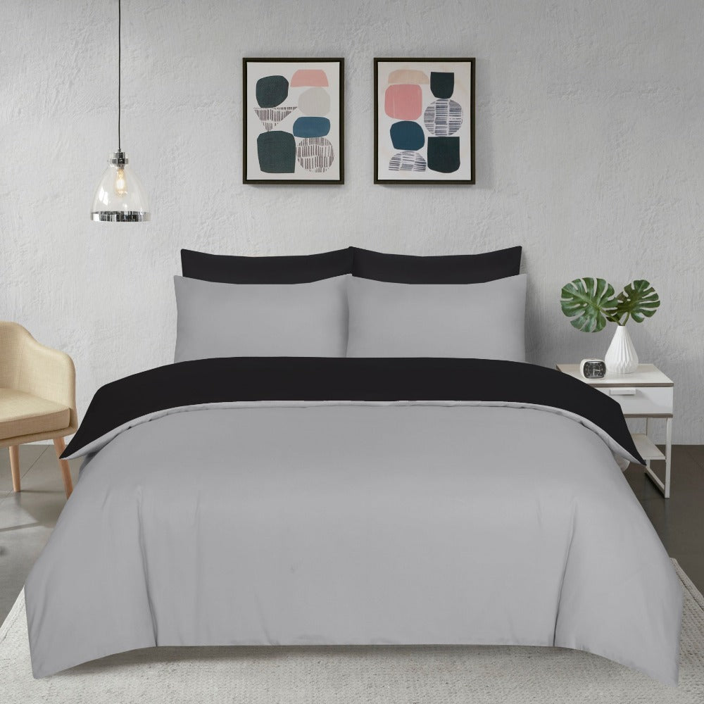 Wholesale Brushed Microfiber 3 Pcs Reversible Bedding Set with Pillow Cases - Black/Grey