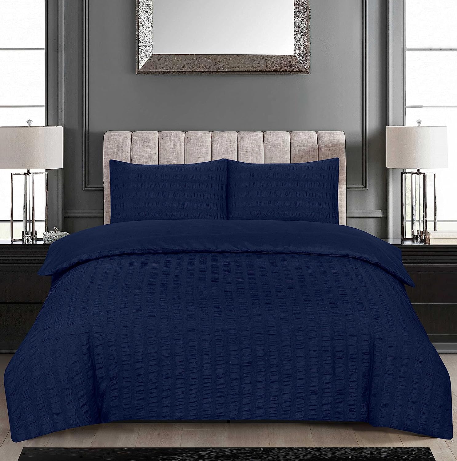 Seersucker Duvet Cover Set with Pillow Cases-Navy Blue