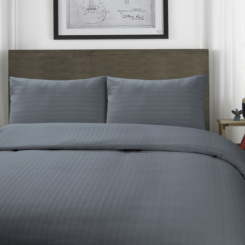 Hotel Quality Stripes Satin Bedding Bed Set with 2 Pillowcases, Reversible Hypoallergenic Soft Microfiber Breathable Bed Covers -Charcoal