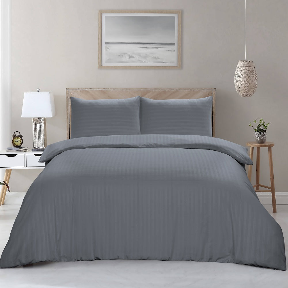 Hotel Quality Stripes Satin Bedding Bed Set with 2 Pillowcases, Reversible Hypoallergenic Soft Microfiber Breathable Bed Covers -Charcoal