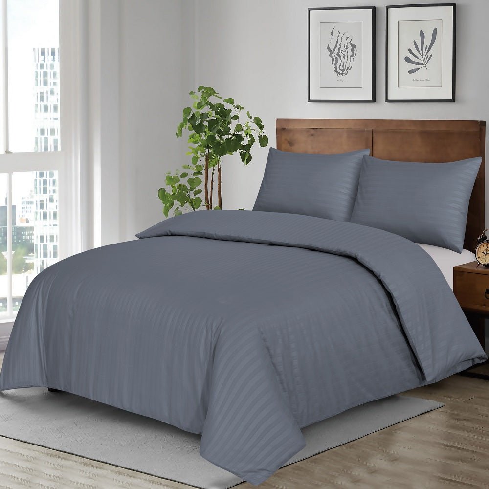 Hotel Quality Stripes Satin Bedding Bed Set with 2 Pillowcases, Reversible Hypoallergenic Soft Microfiber Breathable Bed Covers -Charcoal