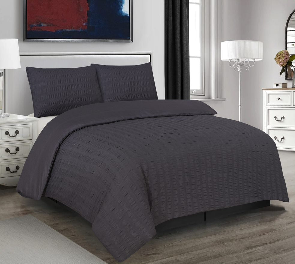Seersucker Duvet Cover Set with Pillow Cases-Charcoal Grey