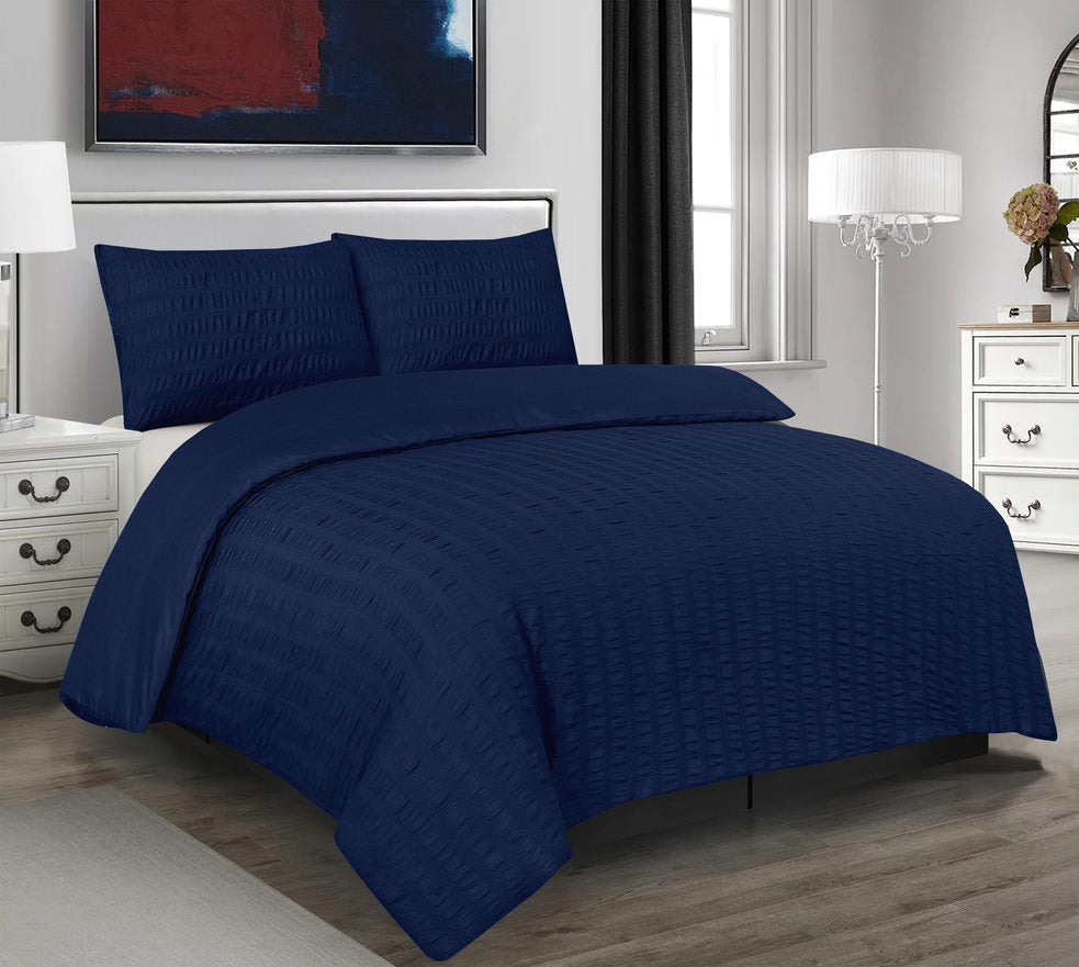Seersucker Duvet Cover Set with Pillow Cases-Navy Blue